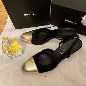 Chanel Slingback Black/Gold Toe Cap Heels